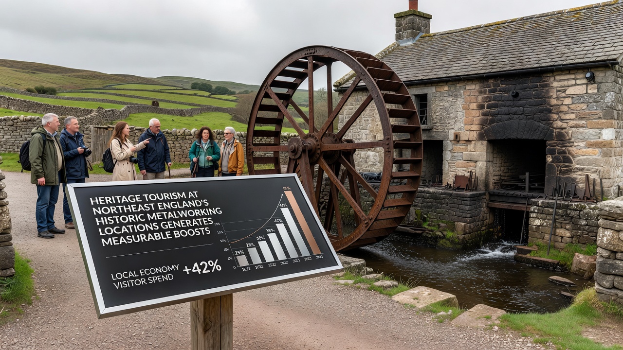 Visitors examining preserved industrial machinery inside a restored northeast England forge building