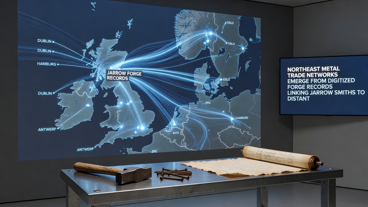 Digitized maps and ledger pages showing metal shipment routes from Jarrow forges to shipbuilding centers